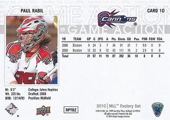 2010 Upper Deck Major League Lacrosse #10 Paul Rabil Back